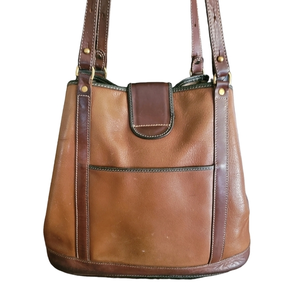 Brahmin Vintage Congac Flower Bucket Bag Green Trim Brass Hardware - Picture 6 of 9